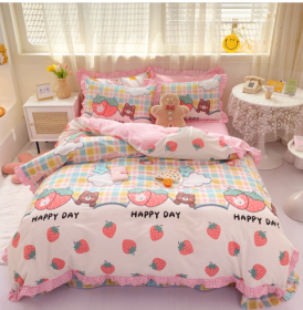 Cotton 100 Princess Wind Quilt Cover Cartoon Student Dormitory Bed (Option: Strawberry Land-1.2m bed sheet threepiece set)